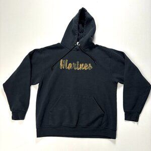 Vintage Marines Hoodie Black Sz L Camo Script Sweatshirt Jerzees Military